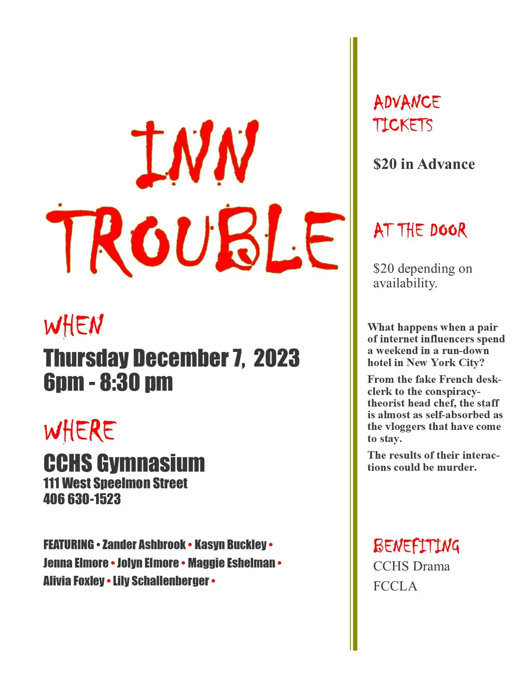 Inn Trouble: A Dinner Theater presented by CCHS Drama and food provided by FCCLA.  Tickets $20.  Copy: What happens when a pair of influencers spend a weekend in a run-down hotel in New York City? From the fake French desk-clerk to the conspiracy-theorist head chef, the staff is almost as self-absorbed as the vloggers that have come to stay.  The results of their interactions could be murder.